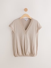 Neutral Short Sleeve Lace V-Neck Bubblehem 100% Cotton Top - Image 4 of 6
