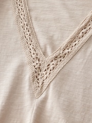 Neutral Short Sleeve Lace V-Neck Bubblehem 100% Cotton Top - Image 5 of 6