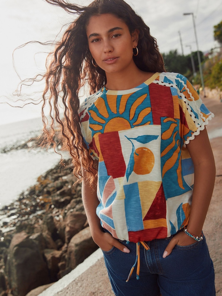 White/Lemon Short Sleeve Bubblehem 100% Cotton T-Shirt - Image 1 of 7