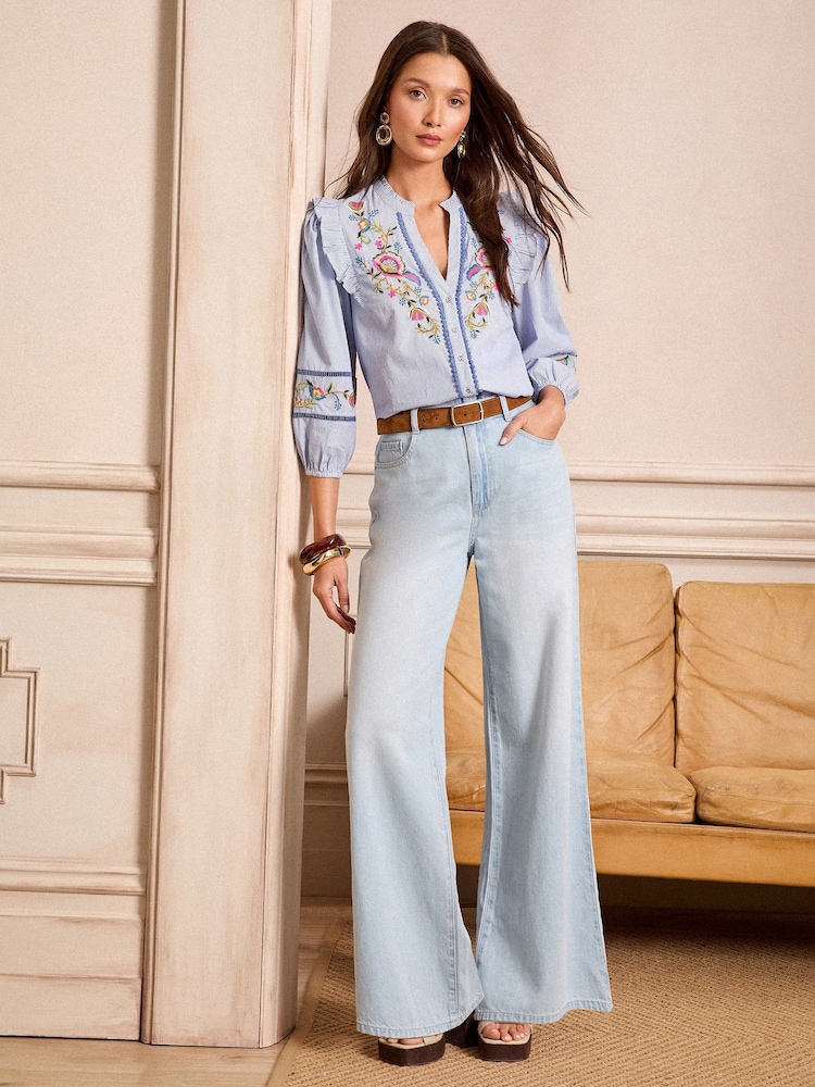 Love & Roses Light Blue Wash Wide Palazzo Leg Jeans - Image 2 of 5