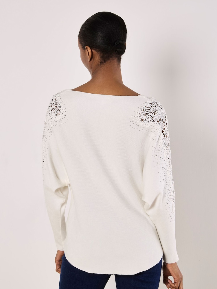 Apricot Cream Lace & Stud Arm Batwing Cream Jumper - Image 2 of 4