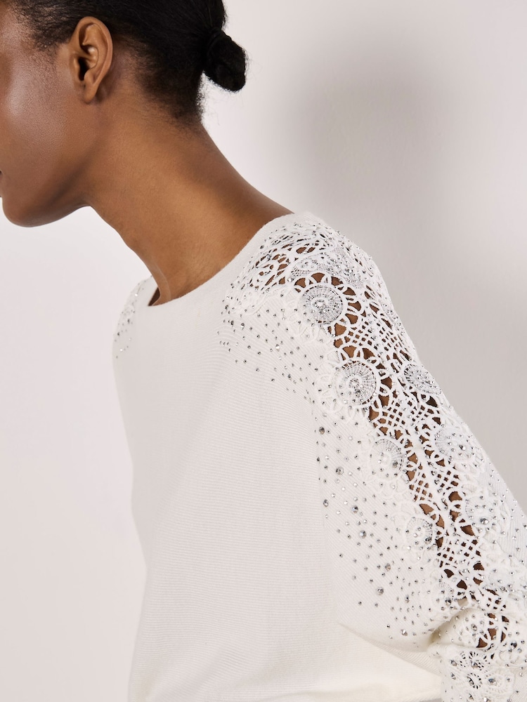 Apricot Cream Lace & Stud Arm Batwing Cream Jumper - Image 4 of 4