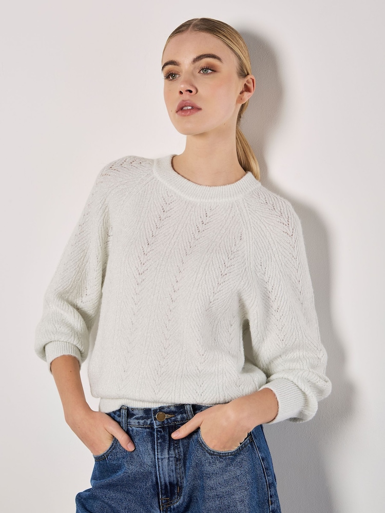 Apricot Cream Chevron Pointelle Metallic Yarn Jumper - Image 2 of 4