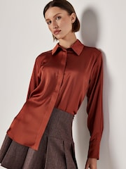 Apricot Red Oversized Satin Hi Low Shirt - Image 1 of 4