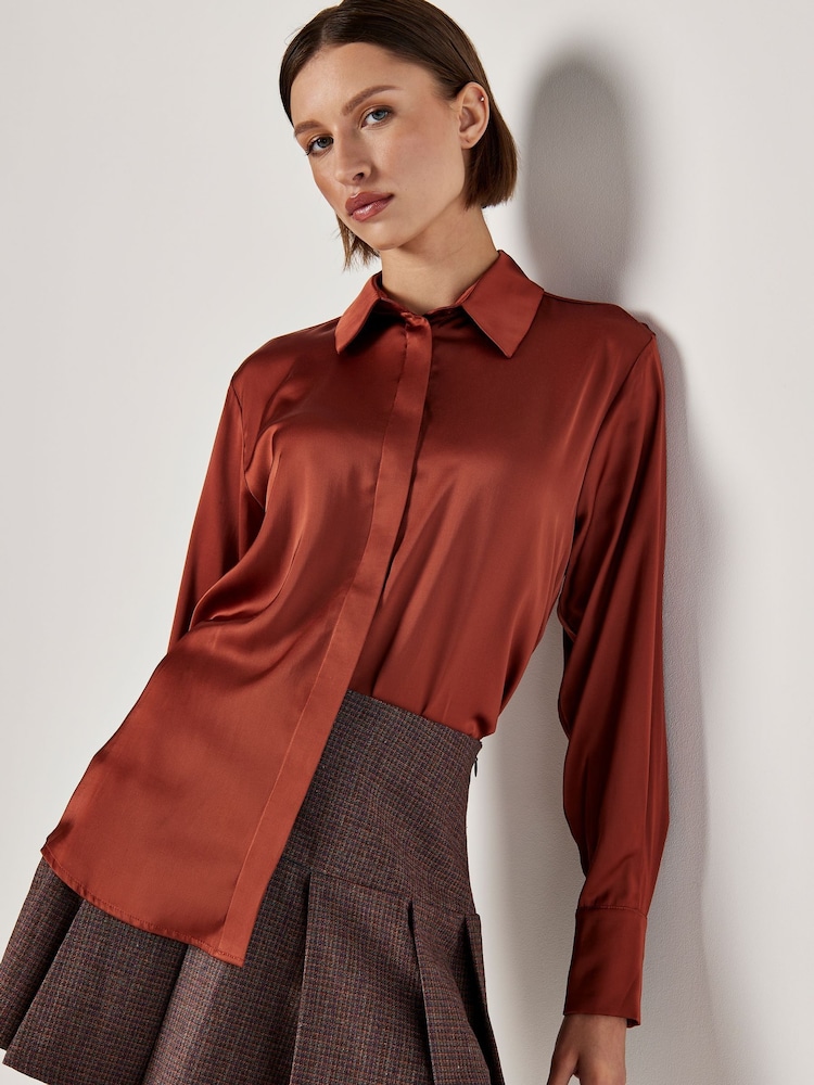 Apricot Red Oversized Satin Hi Low Shirt - Image 1 of 4
