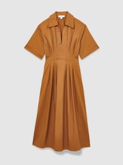 Reiss Rust Aubrey Cotton Pleated-Waist Midi Dress - Image 3 of 7
