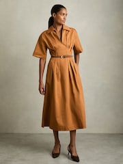 Reiss Rust Aubrey Cotton Pleated-Waist Midi Dress - Image 5 of 7