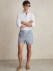 Reiss Airforce Blue Tito Drawstring Geometric Print Swim Shorts - Image 1 of 7