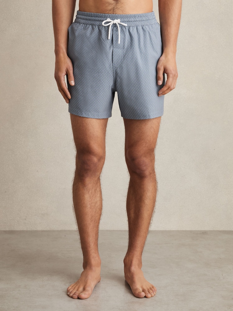 Reiss Airforce Blue Tito Drawstring Geometric Print Swim Shorts - Image 1 of 7