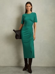 Reiss Green Rose Ruched Jersey Midi Dress - Image 1 of 6