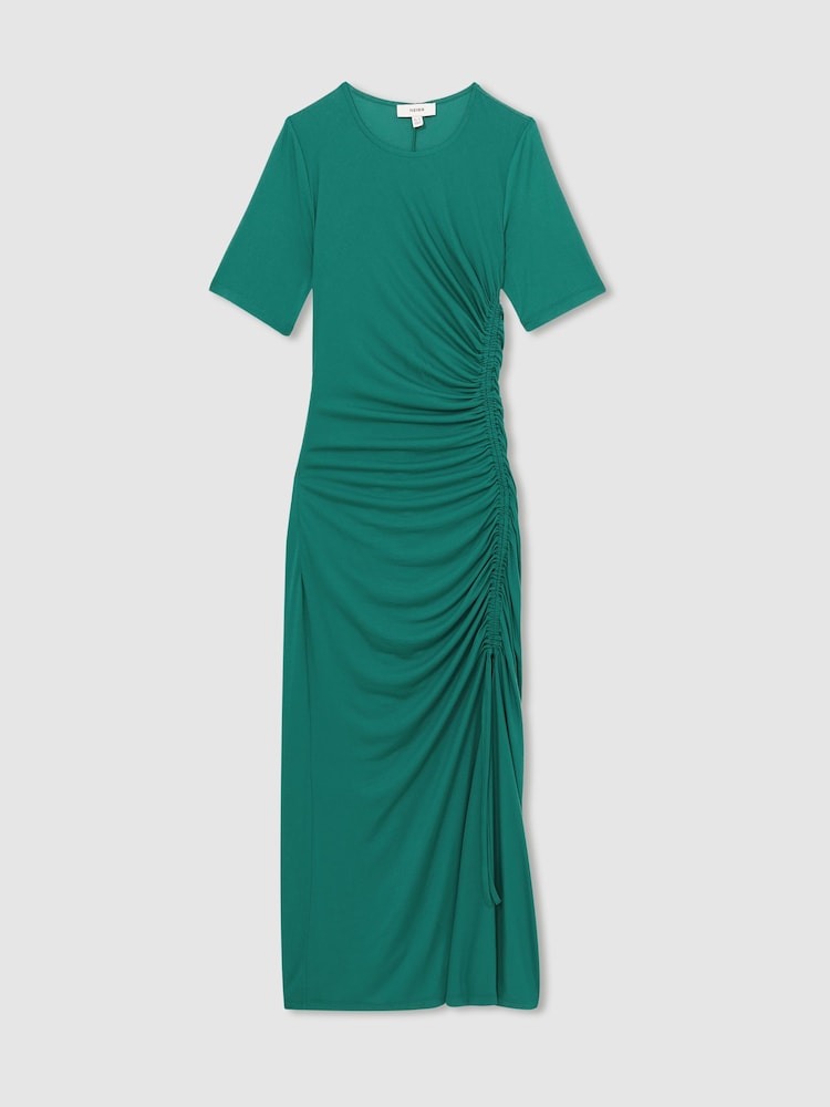Reiss Green Rose Ruched Jersey Midi Dress - Image 2 of 6 Reiss Green Rose Ruched Jersey Midi Dress - Image 2 of 6