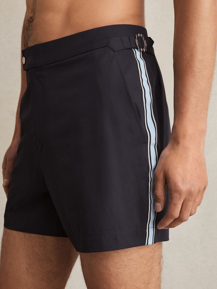 Reiss Navy/Blue Stripe Sol Stripe Side Adjuster Swim Shorts - Image 1 of 6