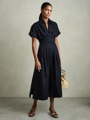 Reiss Navy Aubrey Cotton Pleated-Waist Midi Dress - Image 1 of 5