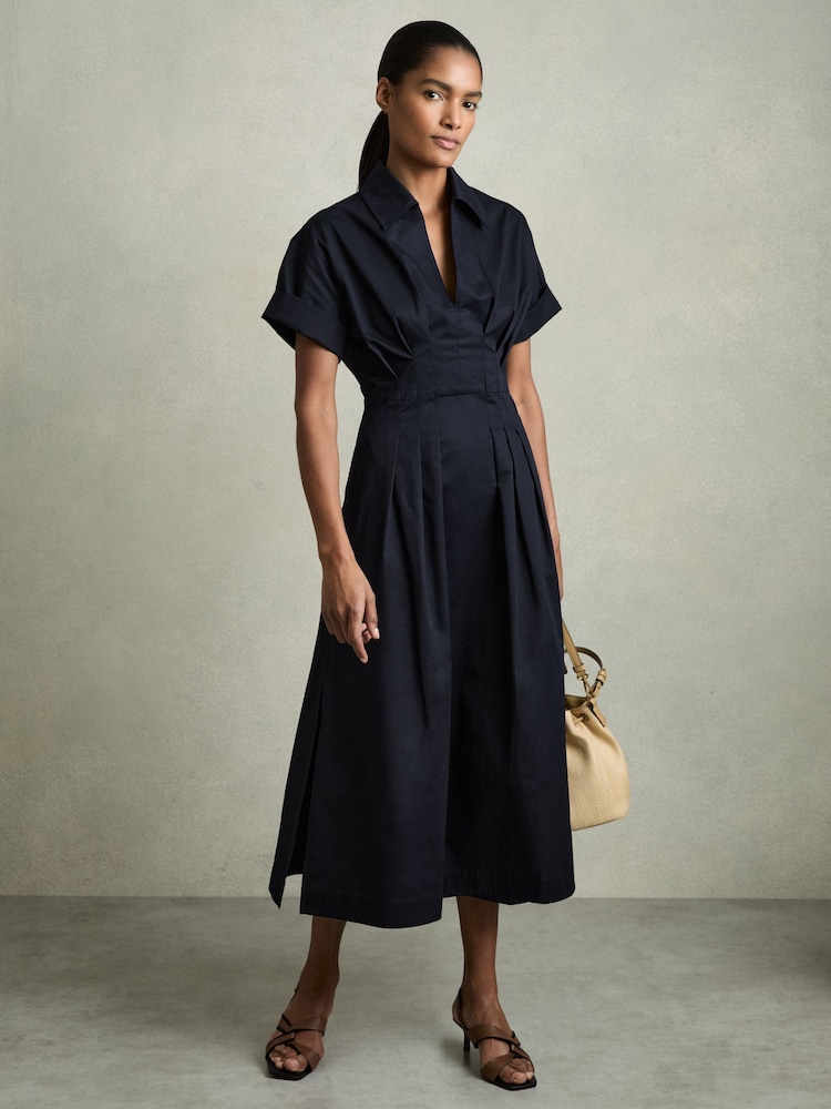 Reiss Navy Aubrey Cotton Pleated-Waist Midi Dress - Image 1 of 5