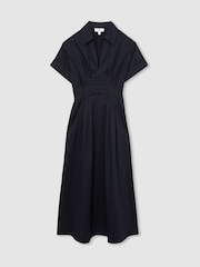 Reiss Navy Aubrey Cotton Pleated-Waist Midi Dress - Image 2 of 5