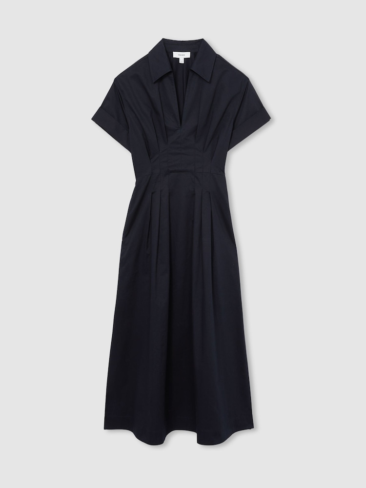 Reiss Navy Aubrey Cotton Pleated-Waist Midi Dress - Image 2 of 5