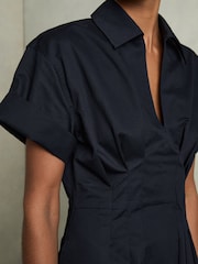 Reiss Navy Aubrey Cotton Pleated-Waist Midi Dress - Image 3 of 5