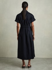 Reiss Navy Aubrey Cotton Pleated-Waist Midi Dress - Image 4 of 5