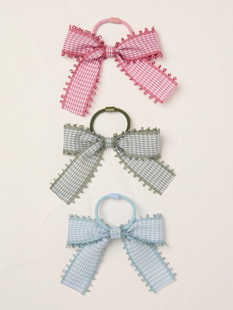 FatFace Multi Gingham Bow Hair Elastics 3 Pack - Image 1 of 2