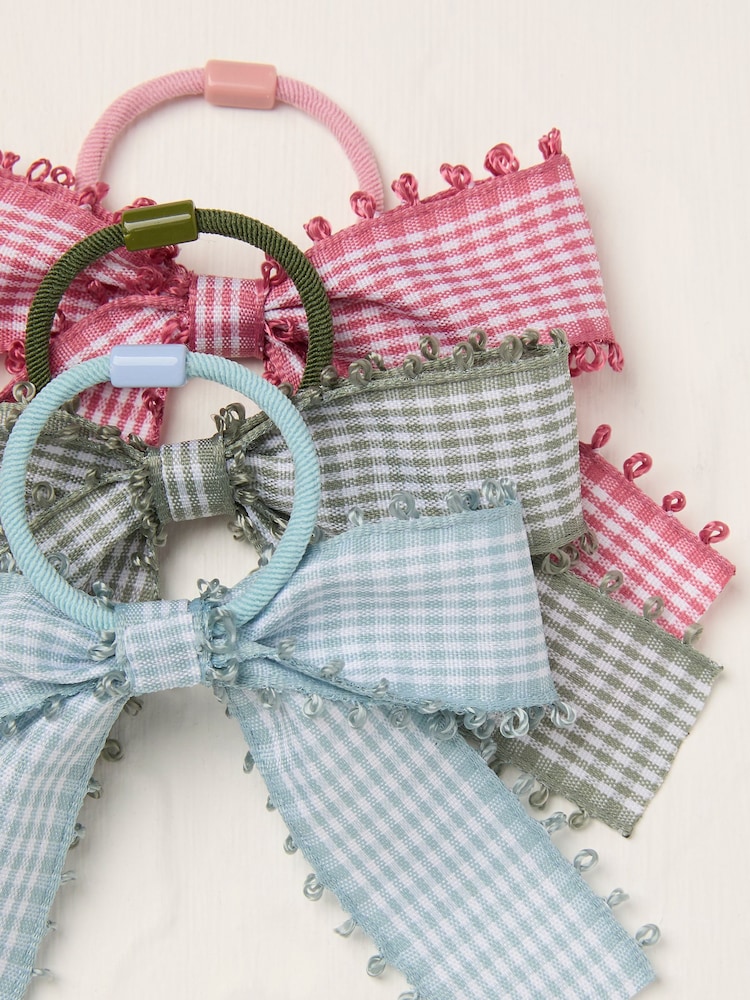 FatFace Multi Gingham Bow Hair Elastics 3 Pack - Image 2 of 2