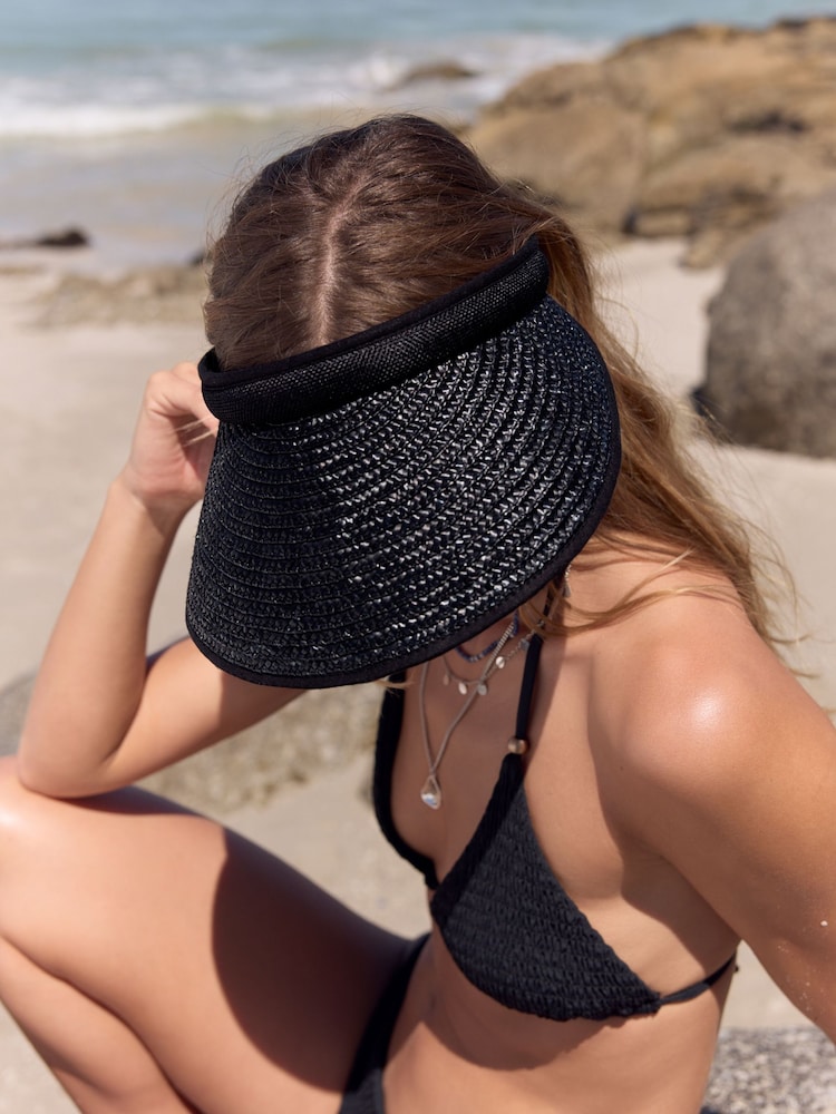 Black Straw Visor Hat - Image 1 of 4