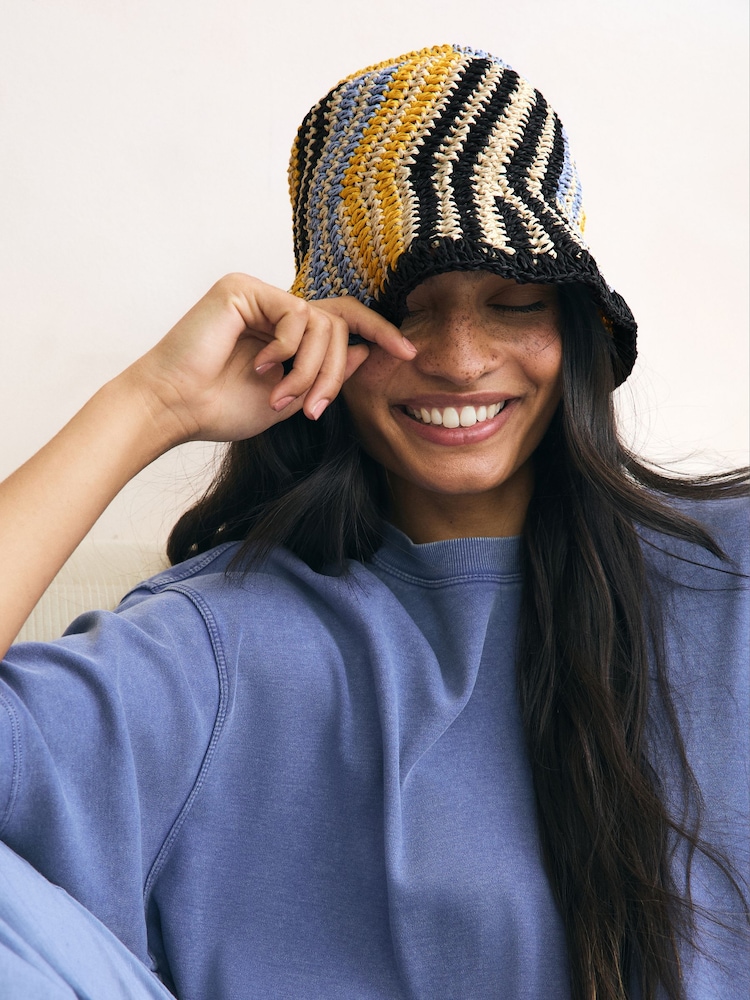 Multi Stripe Flat Top Crochet Bucket Hat - Image 1 of 5 Multi Stripe Flat Top Crochet Bucket Hat - Image 1 of 5