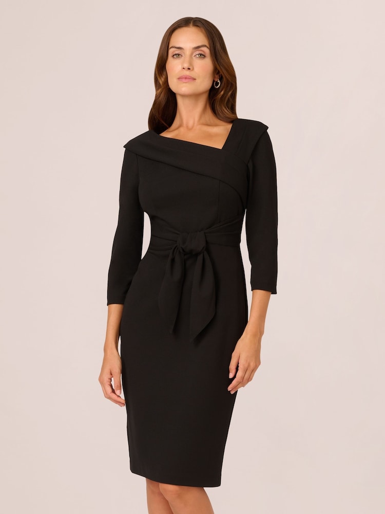 Adrianna Papell Black Knit Crepe Tie Sheath Dress - Image 1 of 7 Adrianna Papell Black Knit Crepe Tie Sheath Dress - Image 1 of 7