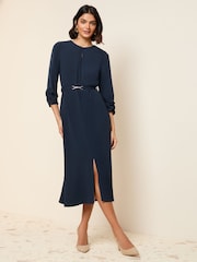 Friends Like These Navy Long Sleeve Gold Belted Tailored Midi Dress - Image 1 of 4