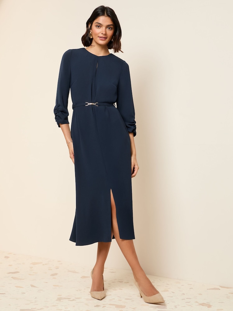 Friends Like These Navy Long Sleeve Gold Belted Tailored Midi Dress - Image 1 of 4