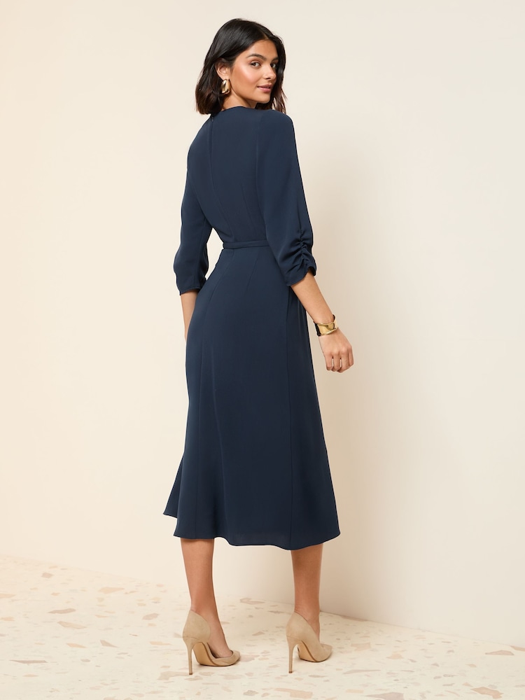 Friends Like These Navy Long Sleeve Gold Belted Tailored Midi Dress - Image 2 of 4