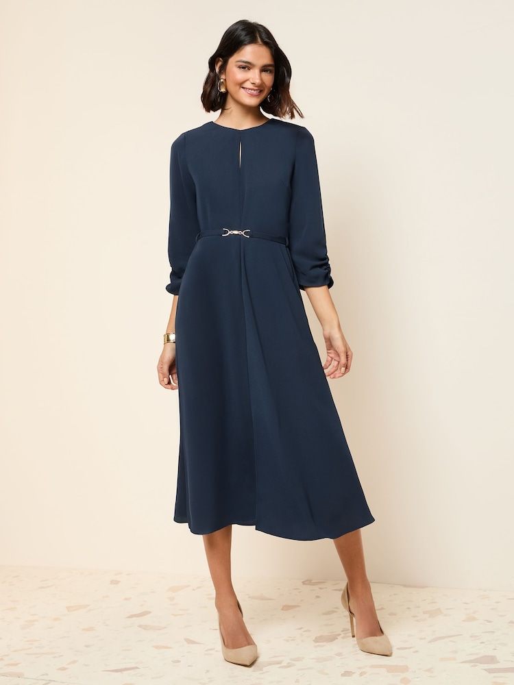 Friends Like These Navy Long Sleeve Gold Belted Tailored Midi Dress - Image 3 of 4