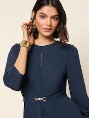 Friends Like These Navy Long Sleeve Gold Belted Tailored Midi Dress - Image 4 of 4