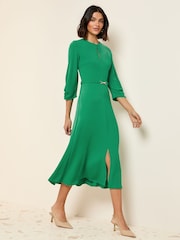 Friends Like These Green Long Sleeve Gold Belted Tailored Midi Dress - Image 1 of 5