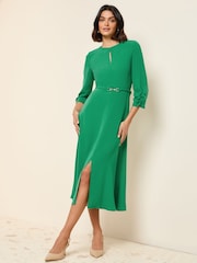 Friends Like These Green Long Sleeve Gold Belted Tailored Midi Dress - Image 4 of 5