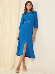 Friends Like These Cobalt Blue Long Sleeve Gold Belted Tailored Midi Dress - Image 1 of 5