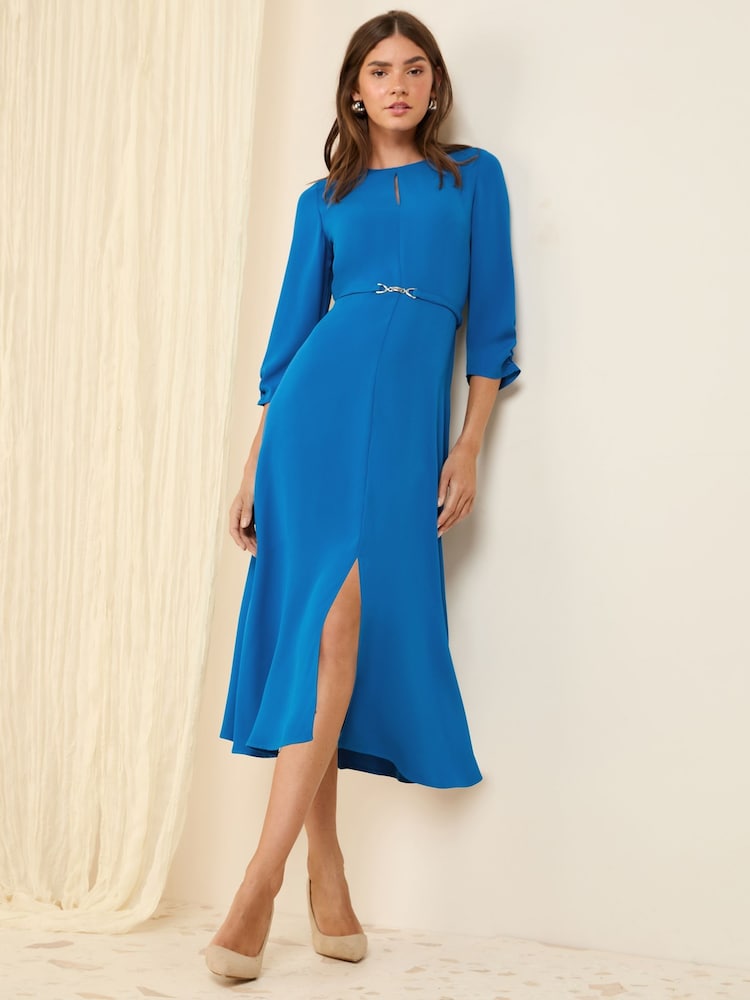 Friends Like These Cobalt Blue Long Sleeve Gold Belted Tailored Midi Dress - Image 1 of 5