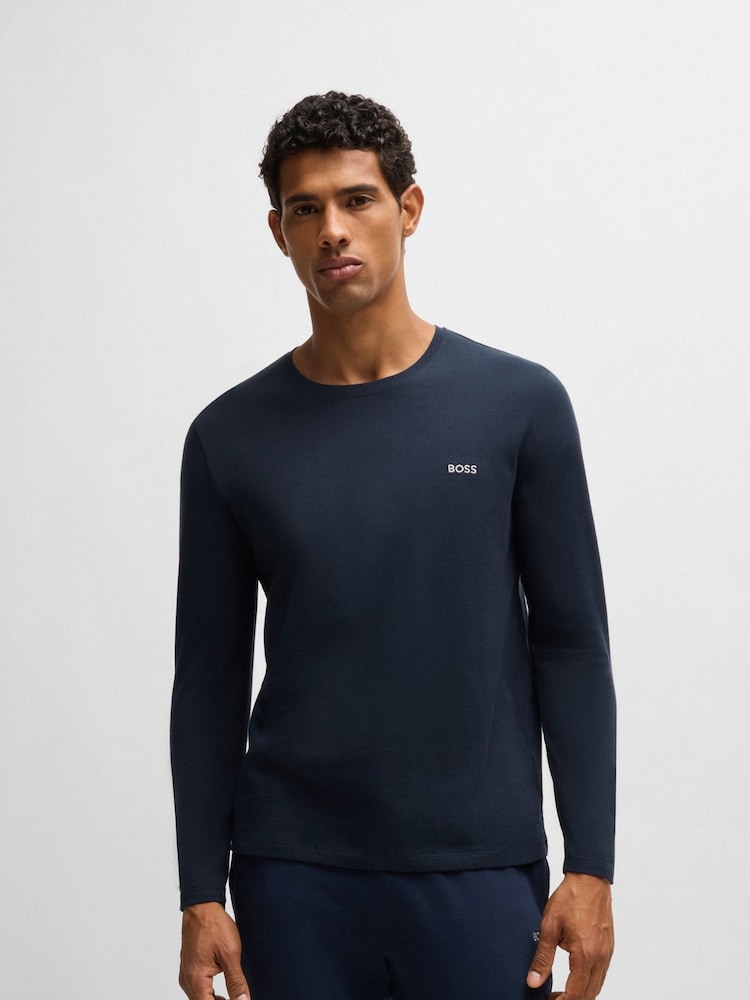 Синий - BOSS Stretch Cotton Long Sleeve T-Shirt - Image 1 of 5