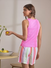 Fluro Pink Stripe Rib Vest Woven Short Set Pyjamas - Image 4 of 6