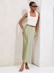 Lipsy Khaki Green Midi Satin Skirt - Image 1 of 1