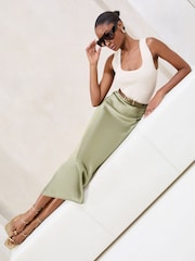 Lipsy Khaki Green Midi Satin Skirt - Image 3 of 5