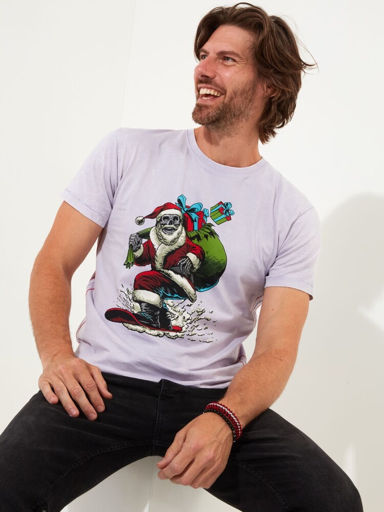 Joe Browns Purple Festive Novelty Christmas Snowboarding Santa Short Sleeve Graphic 100% Cotton T-Shirt - Image 1 of 5