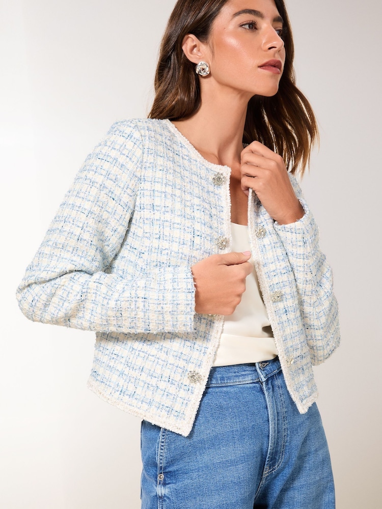 Lipsy Blue Cropped Boucle Blazer - Image 3 of 5