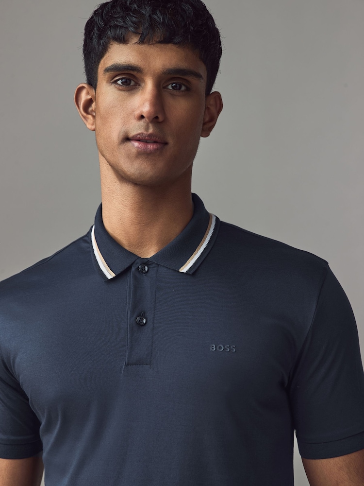BOSS Blue Penrose Slim Fit Striped Collar Polo Shirt - Image 3 of 4