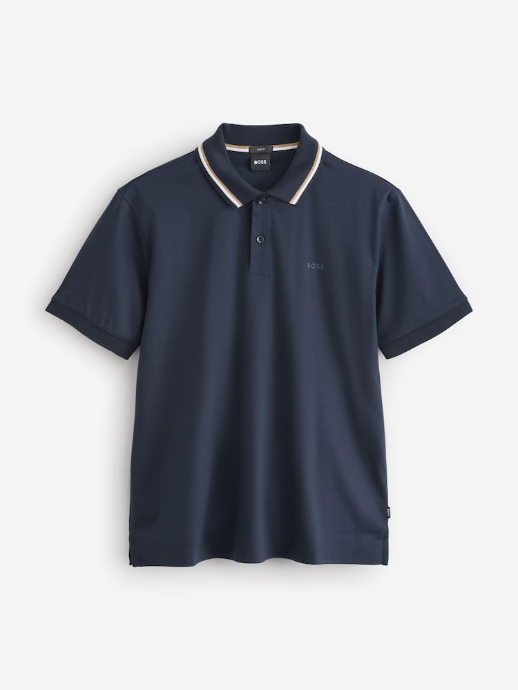 BOSS Blue Penrose Slim Fit Striped Collar Polo Shirt - Image 4 of 4