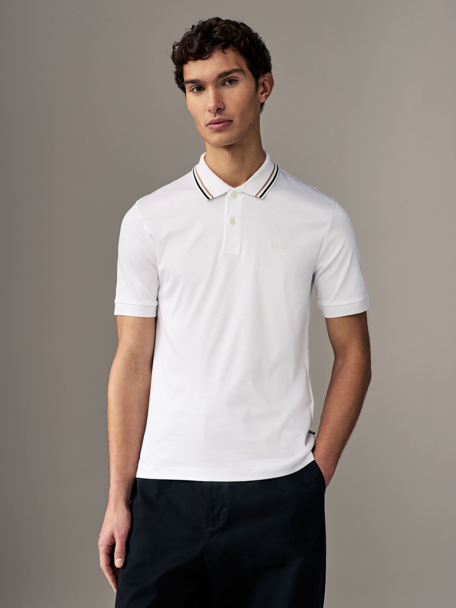 Cumpără Alb - Tricou polo BOSS Slim Fit cu guler Penrose în dungi
