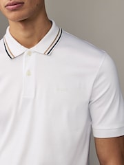 BOSS White Penrose Slim Fit Striped Collar Polo Shirt - Image 3 of 5