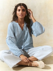 Light Blue Button Down Long Sleeve Doublecloth Blouse - Image 1 of 9