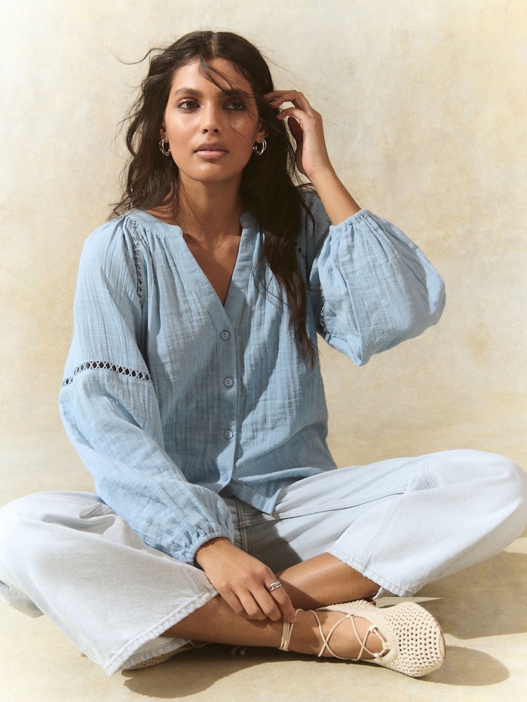 Light Blue Button Down Long Sleeve Doublecloth Blouse - Image 1 of 9