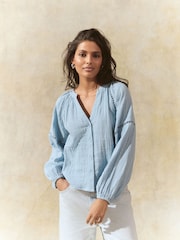 Light Blue Button Down Long Sleeve Doublecloth Blouse - Image 2 of 9