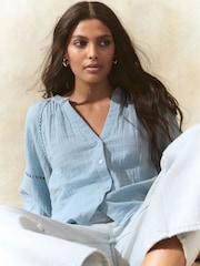 Light Blue Button Down Long Sleeve Doublecloth Blouse - Image 4 of 9